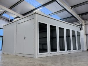 Two 6m x 2.3m XPandaOffices linked to form a 6m x 4.6m complex with full height double glazed windows and double doors to the side