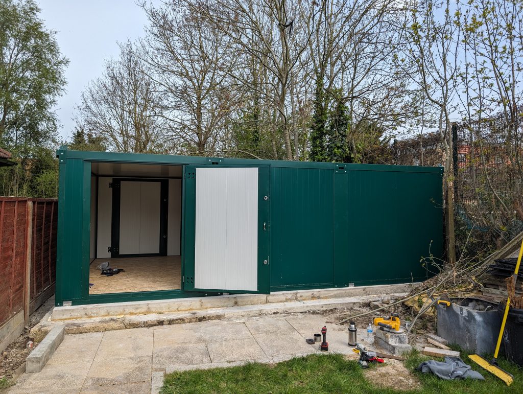 4m x 6.3m Insulated XPandaStore on solid concrete base made up of three 4m x 2.1m units linked side by side.